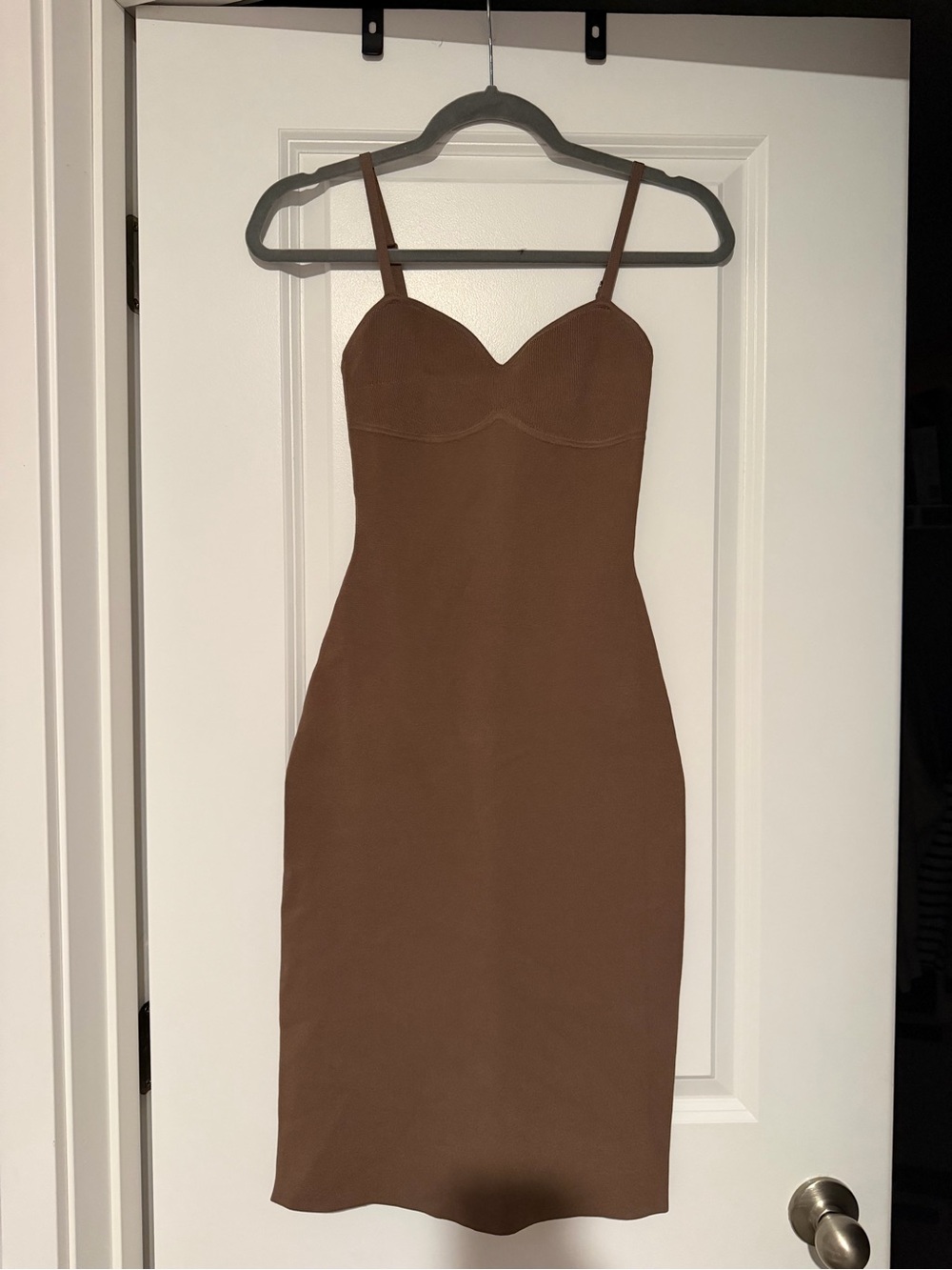 Babaton Chocolate Brown Sweetheart Midi Dress with Thin Straps